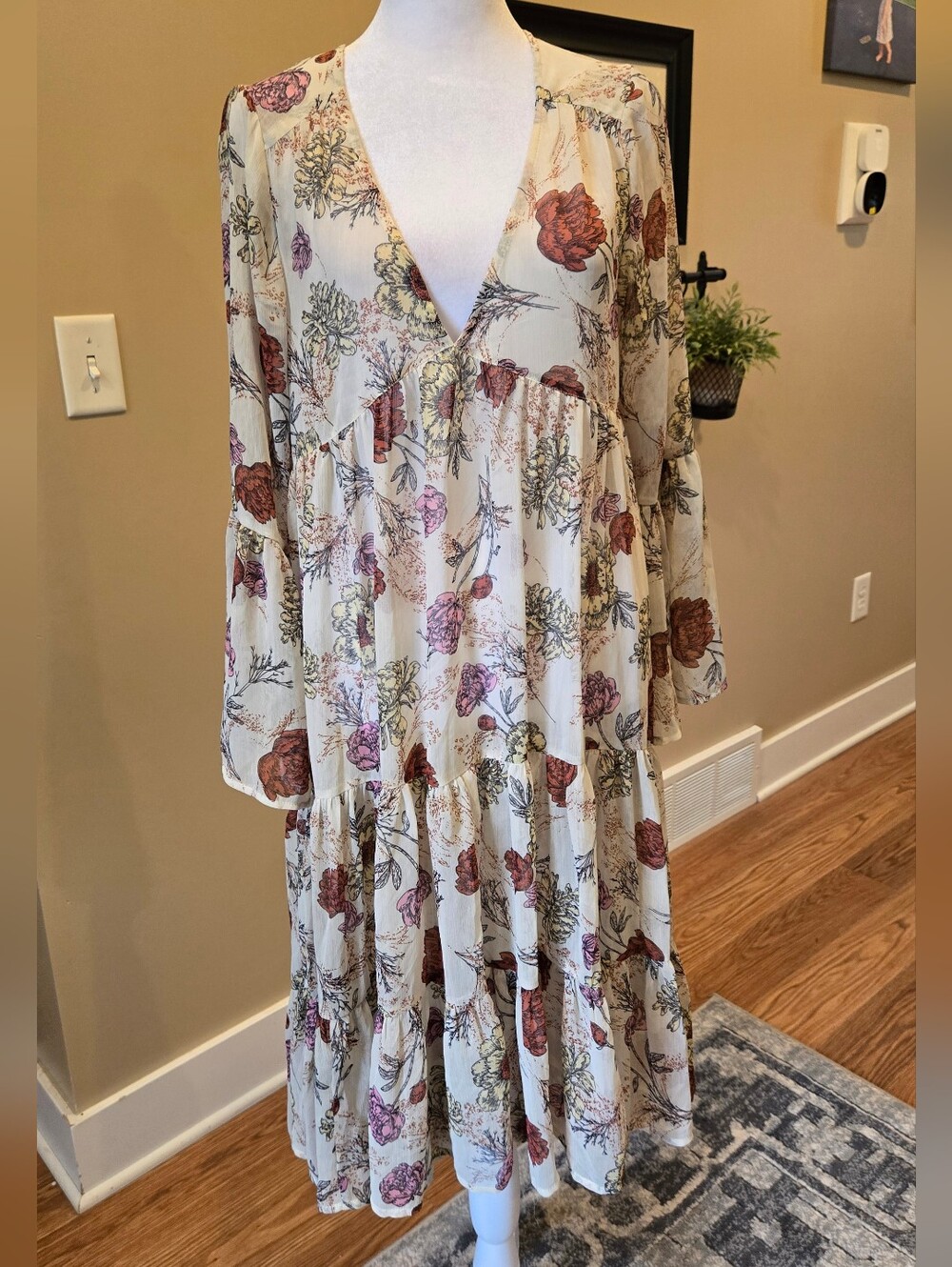 Lulu's Sheer Long Sleeve Cream Midi Dress with Pink & Rust Floral Print